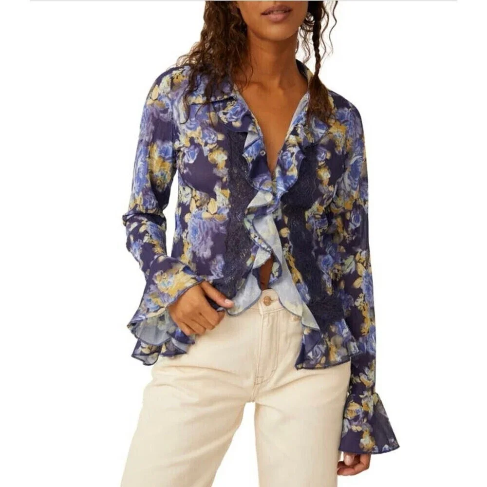 Free People Bad at Love Blouse Sheer Floral Ruffle Sleeve Lace Boho Fairy Whimsy